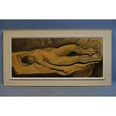 "reclining Nude", Oil On Panel Signed A. Bodart (43x98)