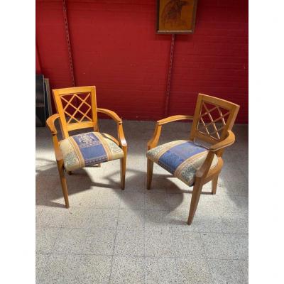 Two Art Deco Armchairs In Oak Circa 1940 Monogrammed