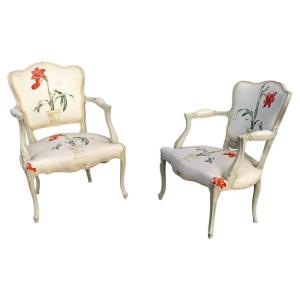 Pair Of Louis XV Style Armchairs, Patinated And Covered With An Original Fabric, Circa 1950