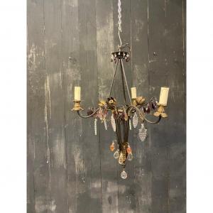Small Lacquered Wrought Iron Chandelier, Maison Baguès Style Color Drops