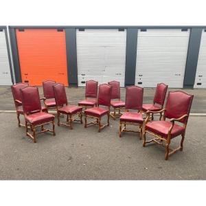 Suite Of 10 Louis XIII Style "sheep Bone" Seats In Oak And Leather, To Be Restored