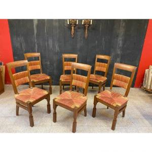 6 Neo Rustic Chairs With High Backrests, Oak And Multicolored Straw, Circa 1950
