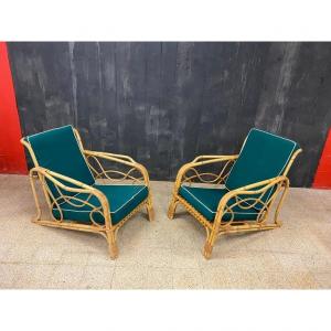 Pair Of Vintage Bamboo Armchairs Circa 1960/1970, Redone Cushions