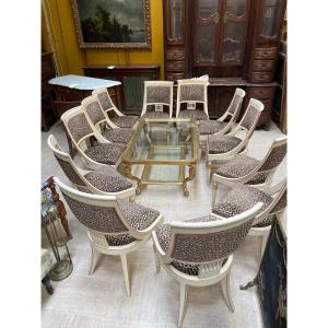 Important Suite Of 12 Neoclassical Empire Style Chairs, Circa 1970