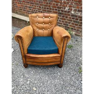 Fauteuil Club Art Deco En Cuir, Circa 1930/1950