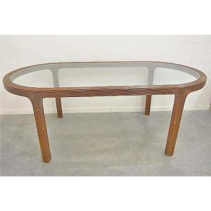 Grande Table De Salle à Manger En Rotin, Dessus Verrecirca 1970/1980  (ht.76 X 210 X 100cm)