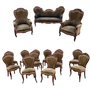 Important Louis-philippe Salon In Mahogany Composed Of 12 Chairs, 2 Armchairs And A Sofa