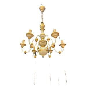 Charming Small Neo Romantic Chandelier In Patinated Wood Circa 1950