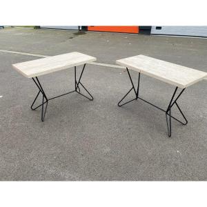 Two Lacquered Metal Consoles, Travertine Trays, Circa 1950/1960