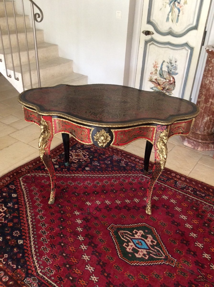 Table De Milieu En Marqueterie « boulle » écaille Rouge Et Laiton-photo-2