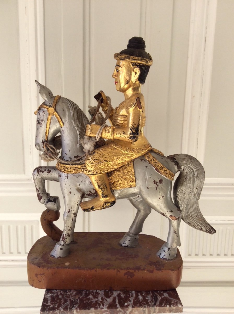 Burmese Equestrian Statue In Golden Wood-photo-1