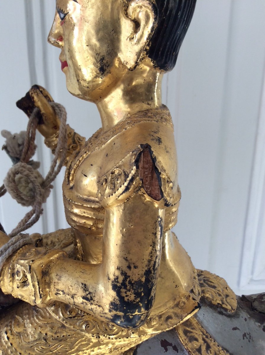 Burmese Equestrian Statue In Golden Wood-photo-3