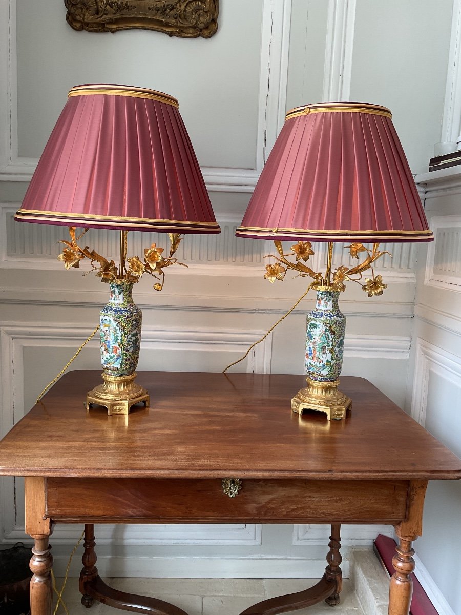 Pair Of Chinese Porcelain Lamps Mounted Gilt Bronze