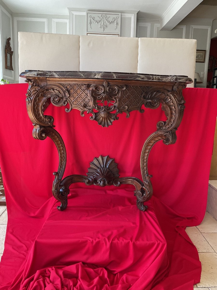 Console D’epoque Louis XV En Bois Naturel Plateau Marbre 