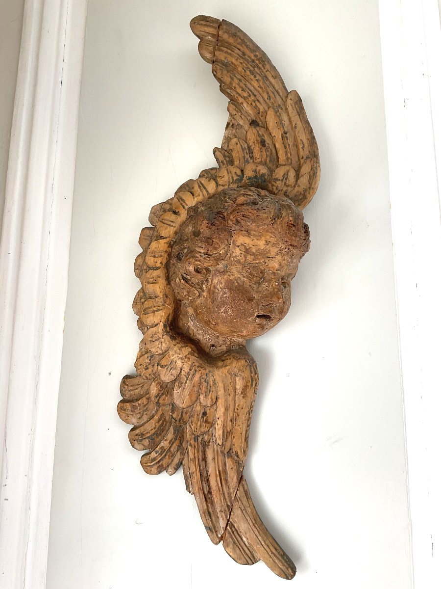Pair Of Winged Cherub Heads In Carved Wood 18th Century -photo-1