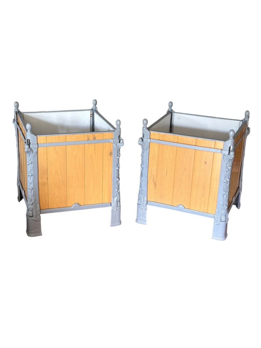 Pretty Pair Of Cast Iron And Wood Orange Tree Tubs