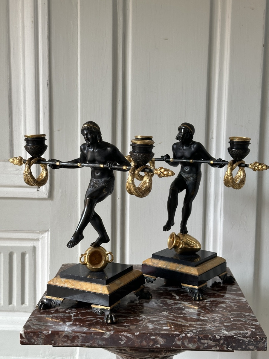 Pair Of Nubian Candelabras In Patinated And Gilded Bronze -photo-2