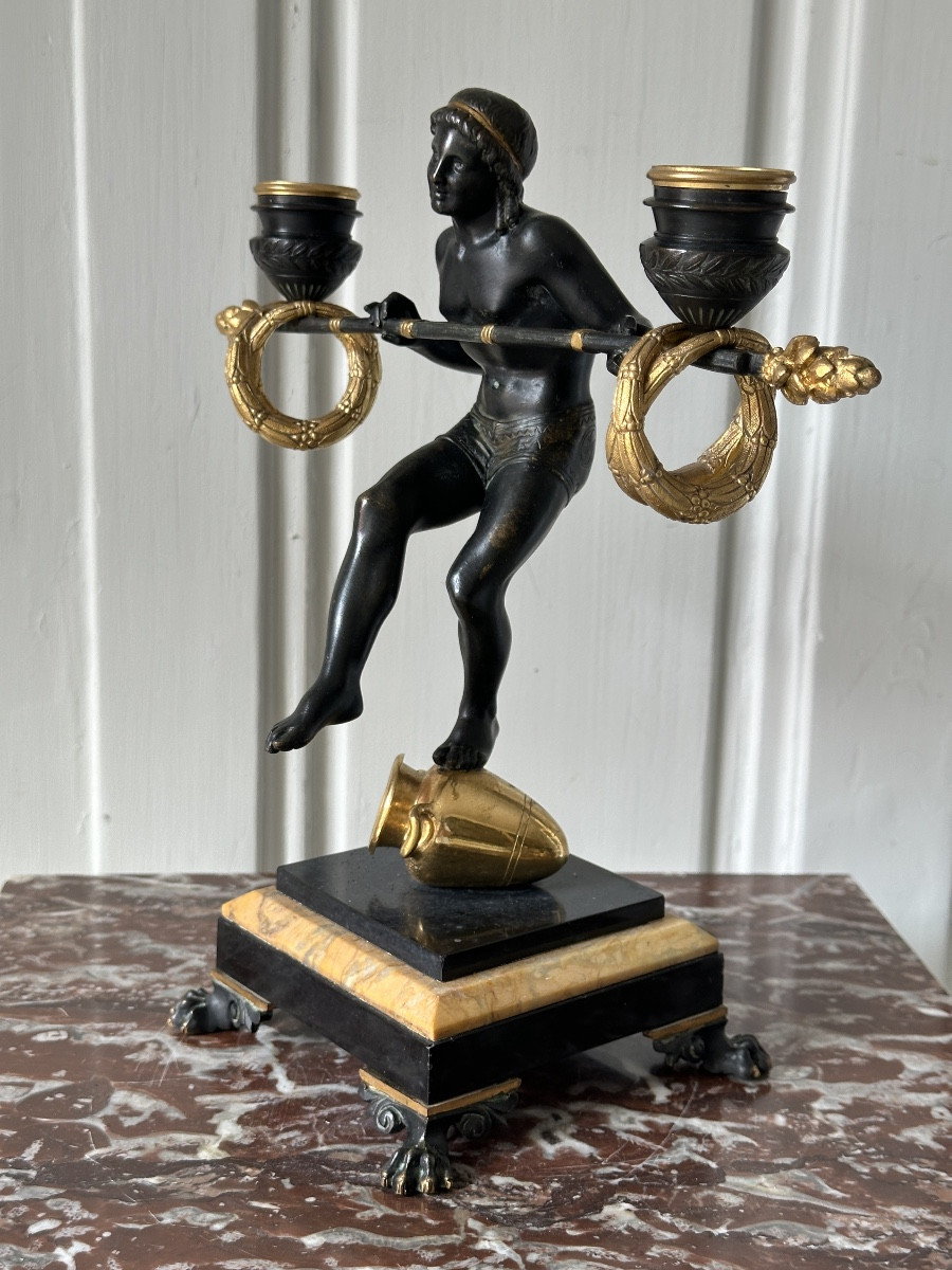 Pair Of Nubian Candelabras In Patinated And Gilded Bronze -photo-7