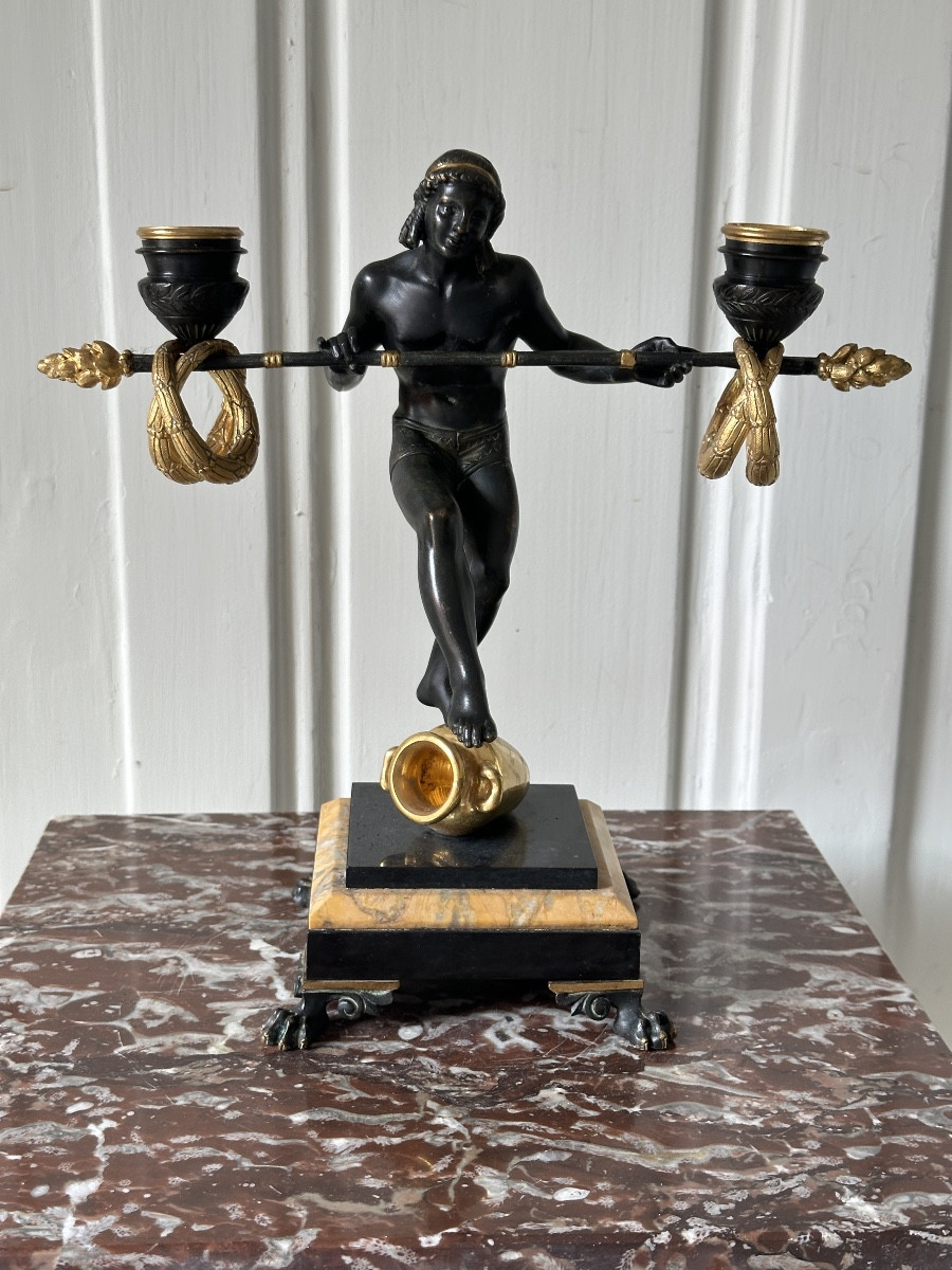 Pair Of Nubian Candelabras In Patinated And Gilded Bronze -photo-8