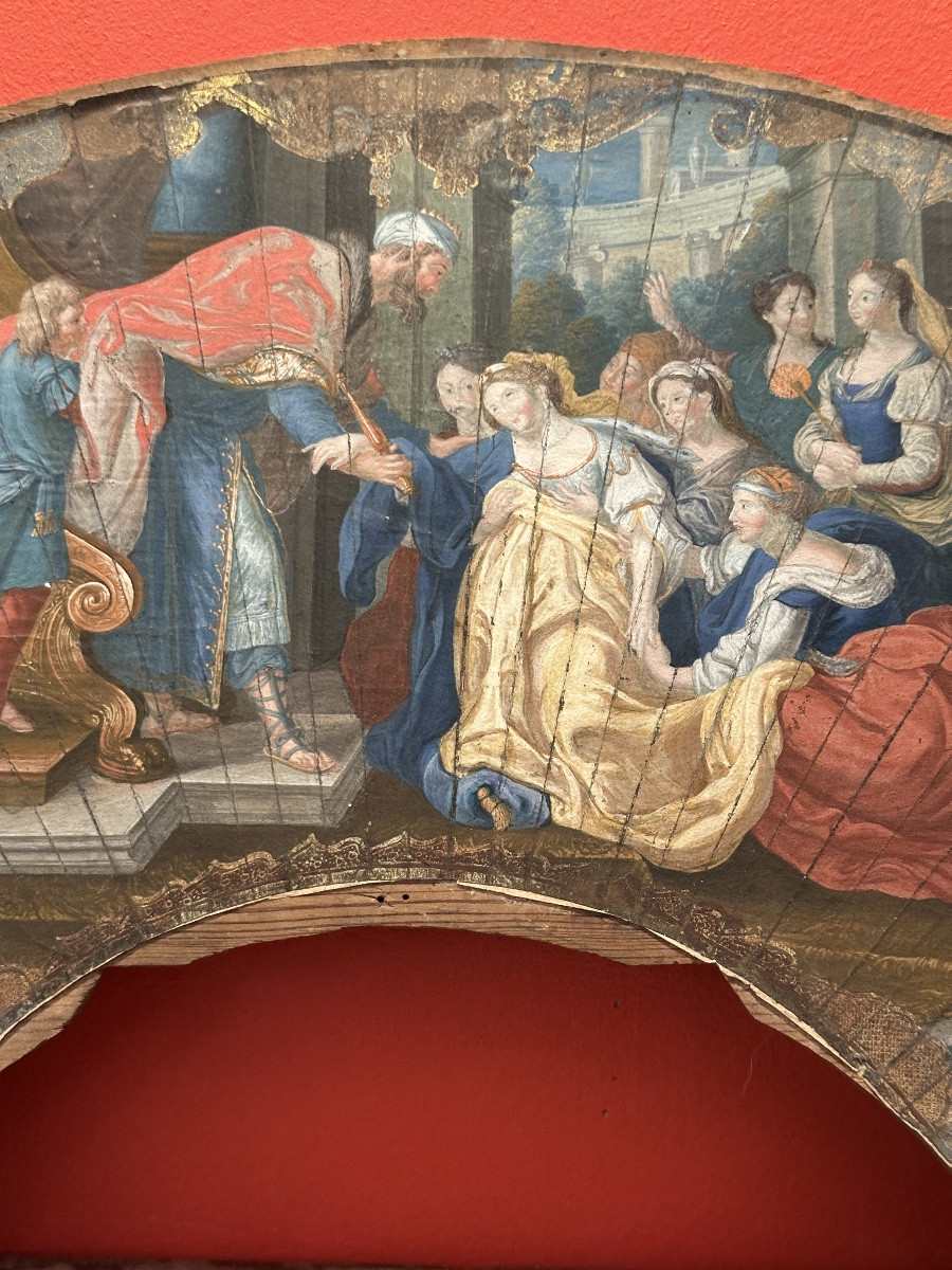 Tempéra École Française fin XVIIe début XVIIIe siècle  « Esther et Assuerus »-photo-4