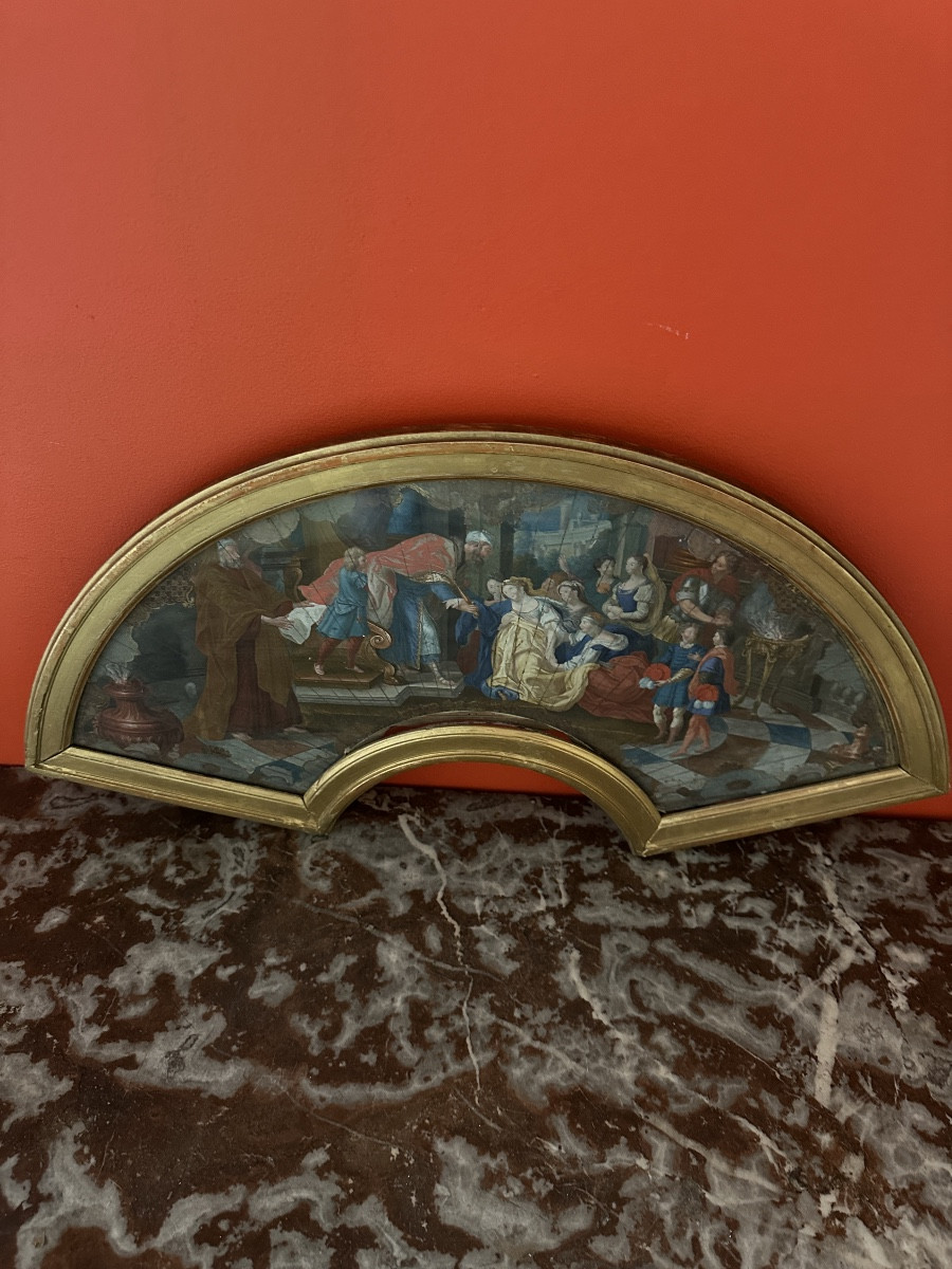 Tempéra École Française fin XVIIe début XVIIIe siècle  « Esther et Assuerus »