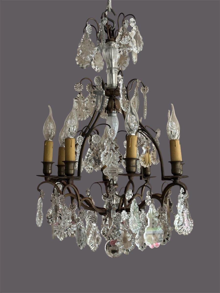 Bronze Cage Chandelier With Crystal Plaques