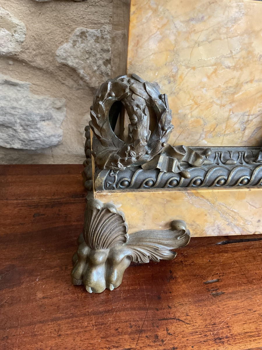 Importante et belle garniture de cheminée Empire en bronze et marbre de Sienne-photo-3