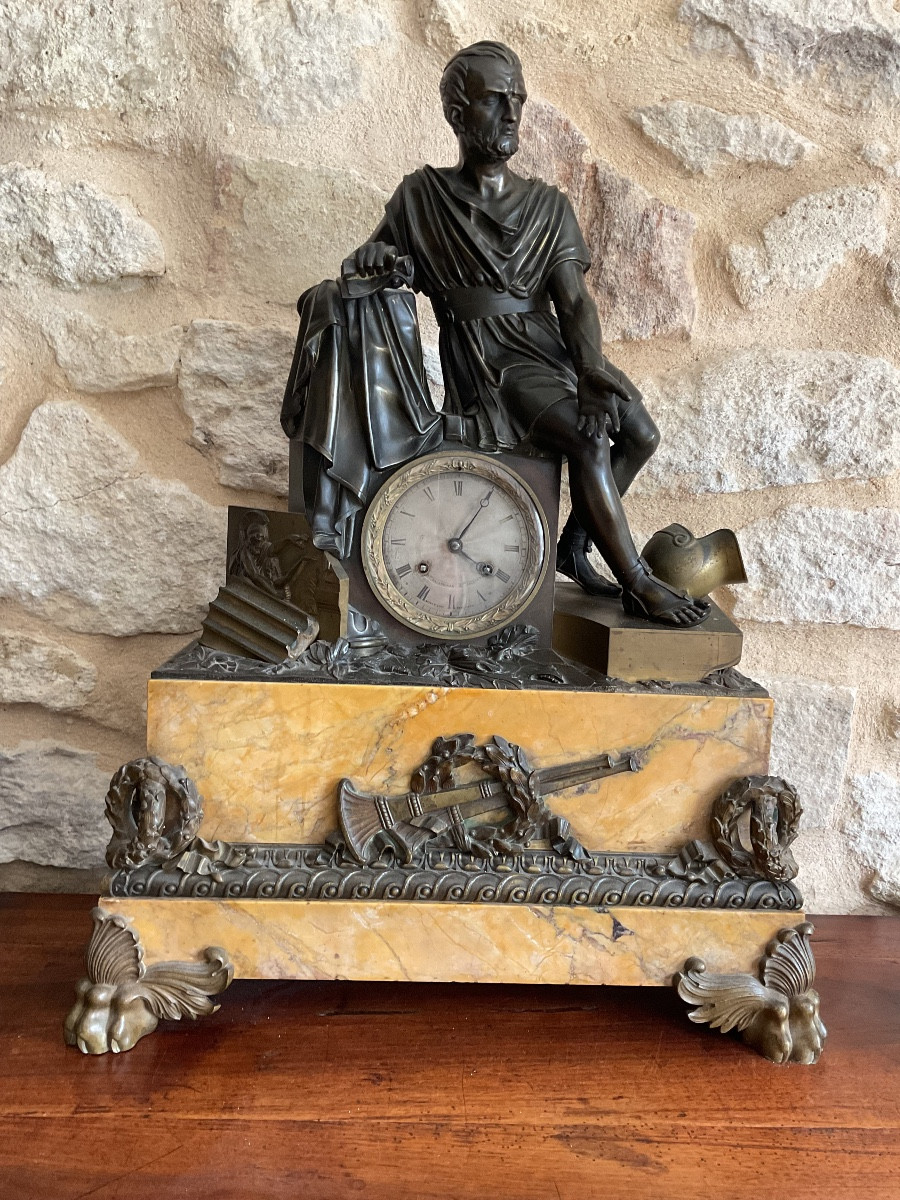 Importante et belle garniture de cheminée Empire en bronze et marbre de Sienne-photo-7