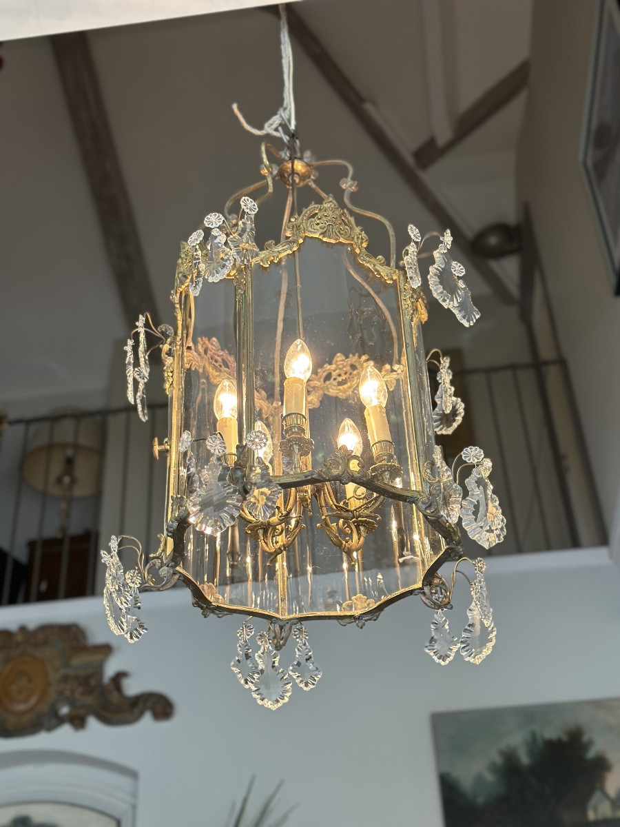 Grande lanterne de vestibule en bronze doré et plaquettes de cristal-photo-3