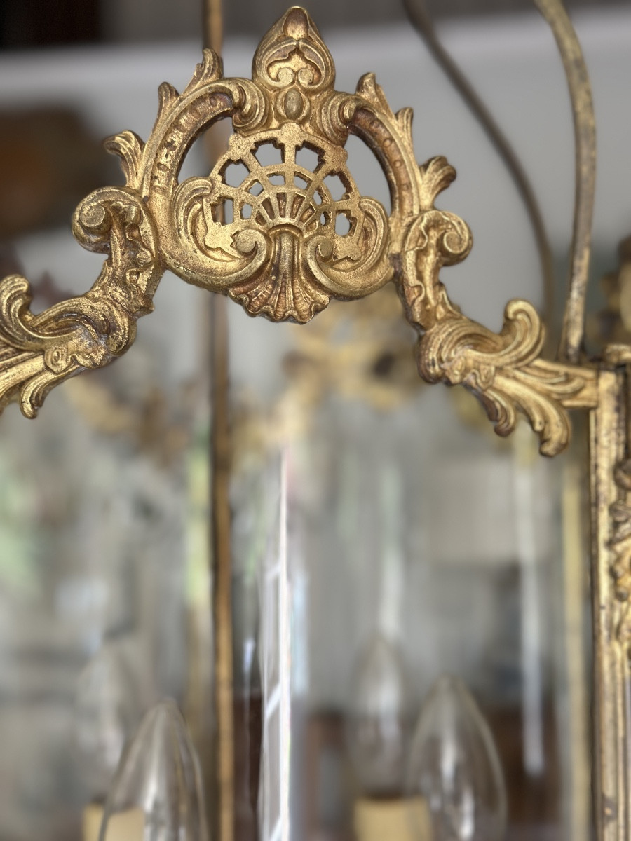 Grande lanterne de vestibule en bronze doré et plaquettes de cristal-photo-4