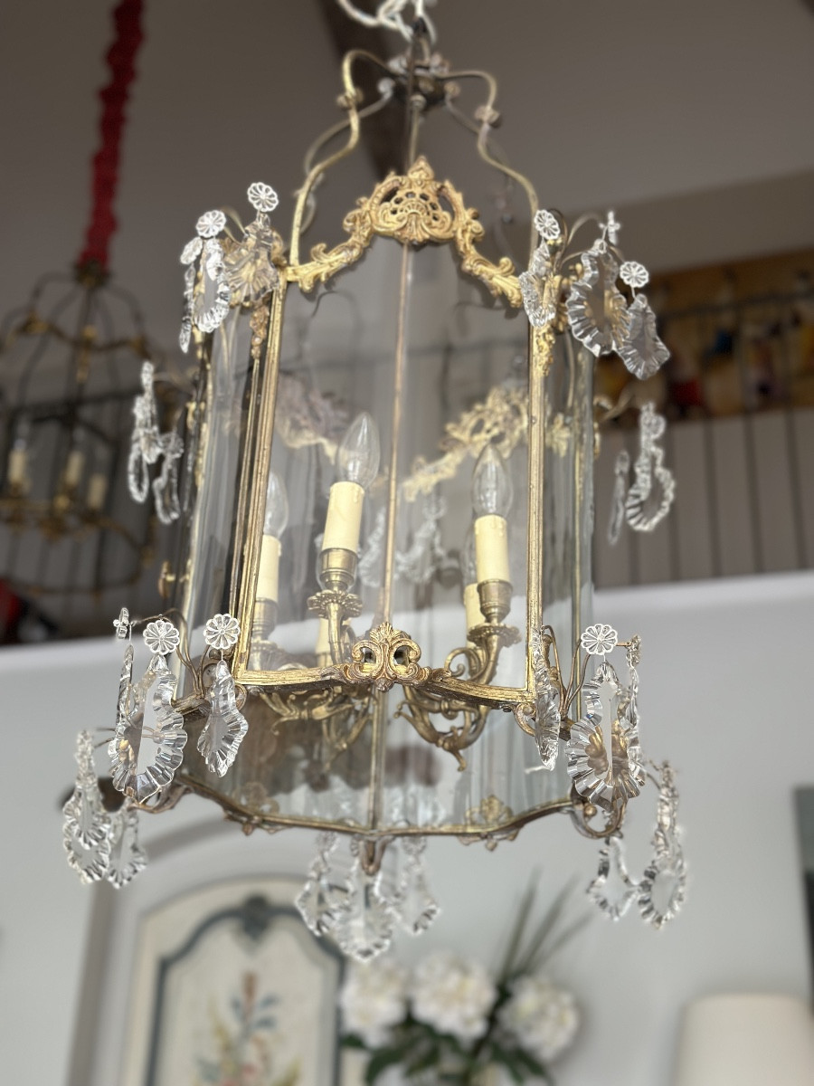 Grande lanterne de vestibule en bronze doré et plaquettes de cristal-photo-3