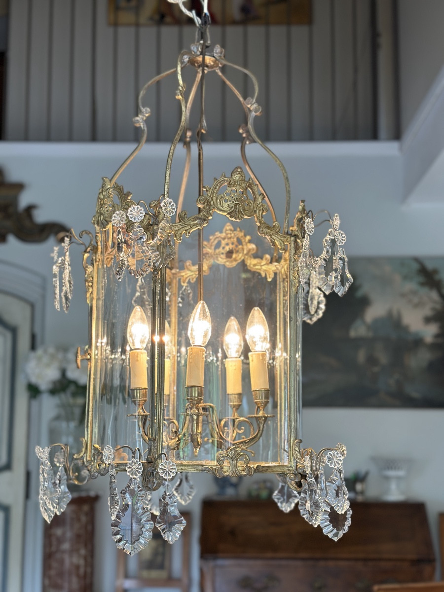 Grande lanterne de vestibule en bronze doré et plaquettes de cristal-photo-4