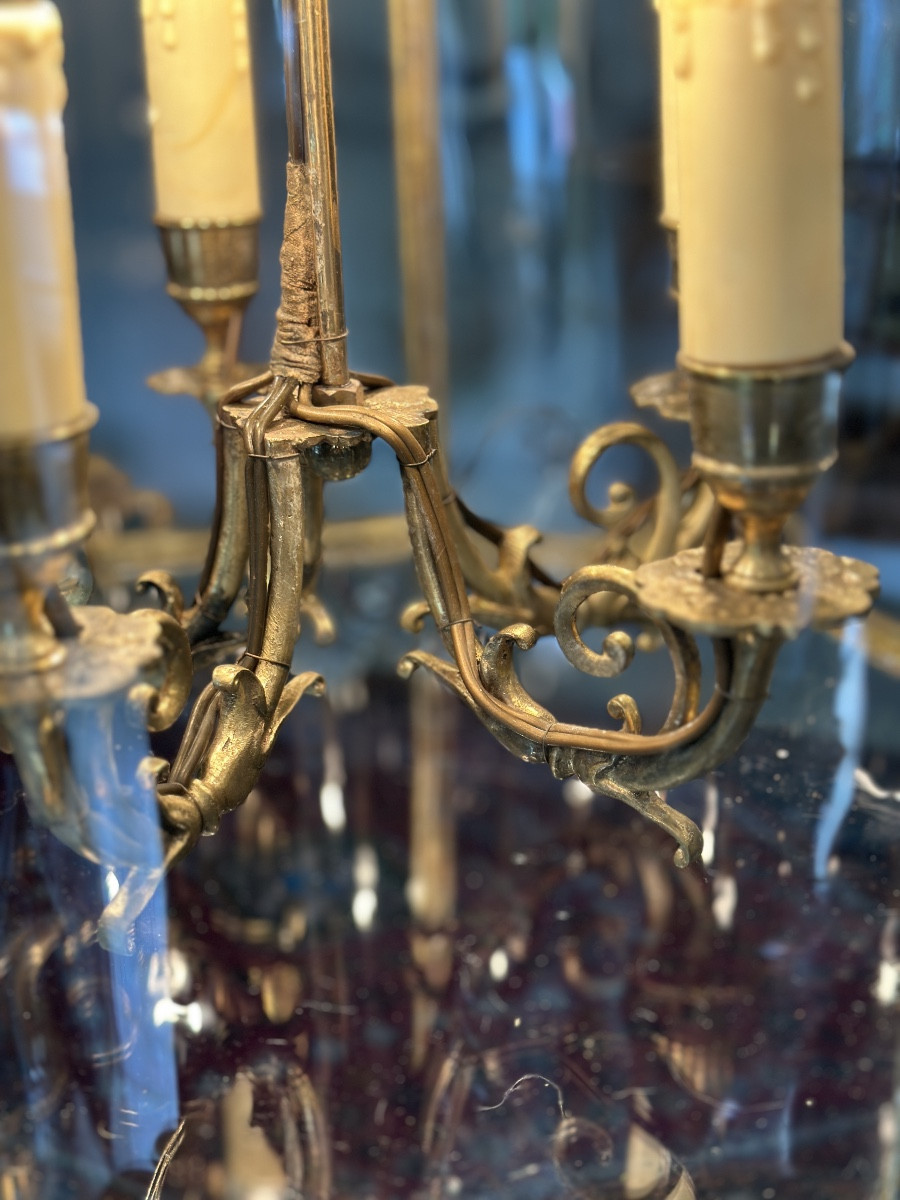 Grande lanterne de vestibule en bronze doré et plaquettes de cristal-photo-6