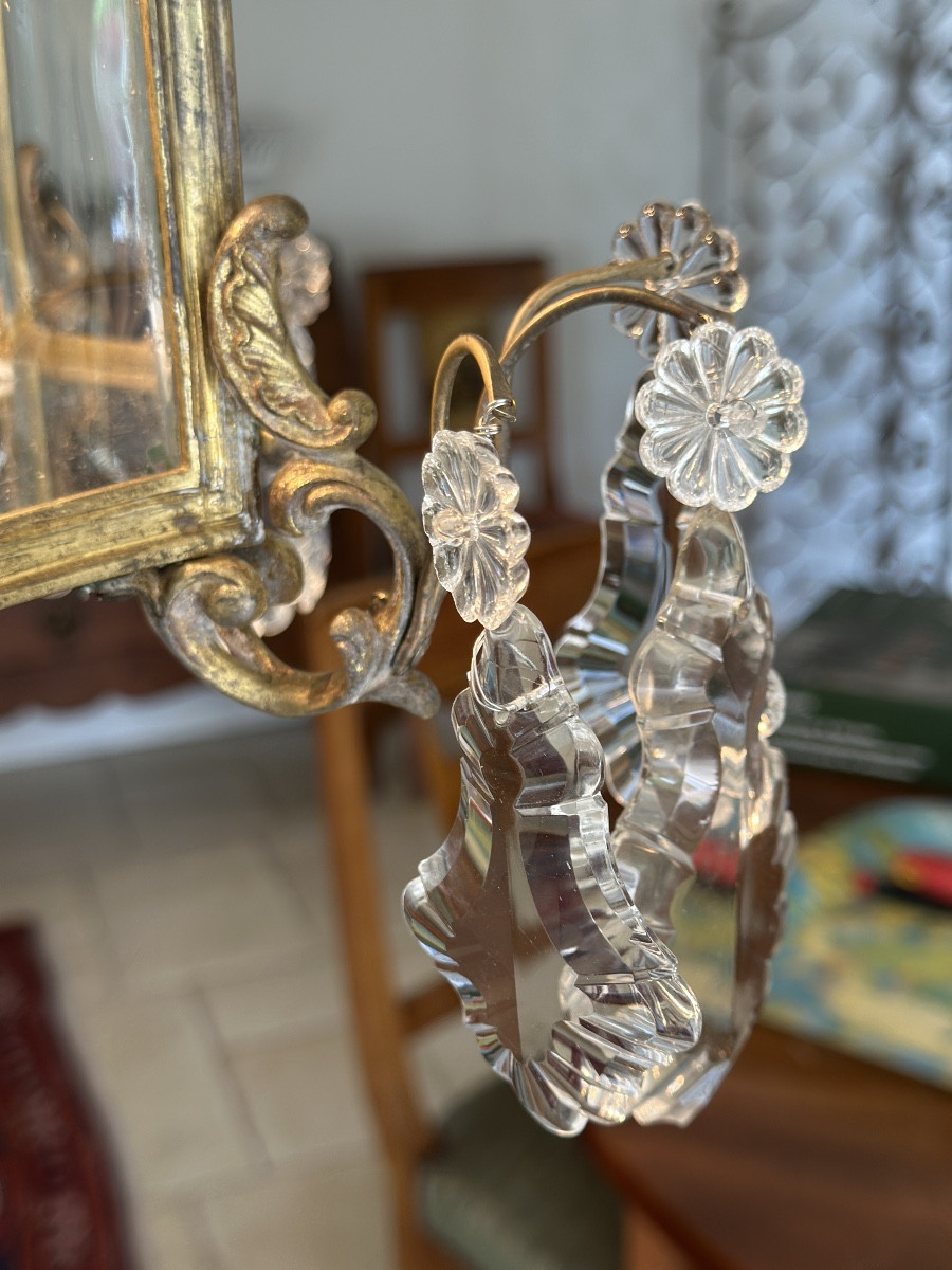 Grande lanterne de vestibule en bronze doré et plaquettes de cristal-photo-7