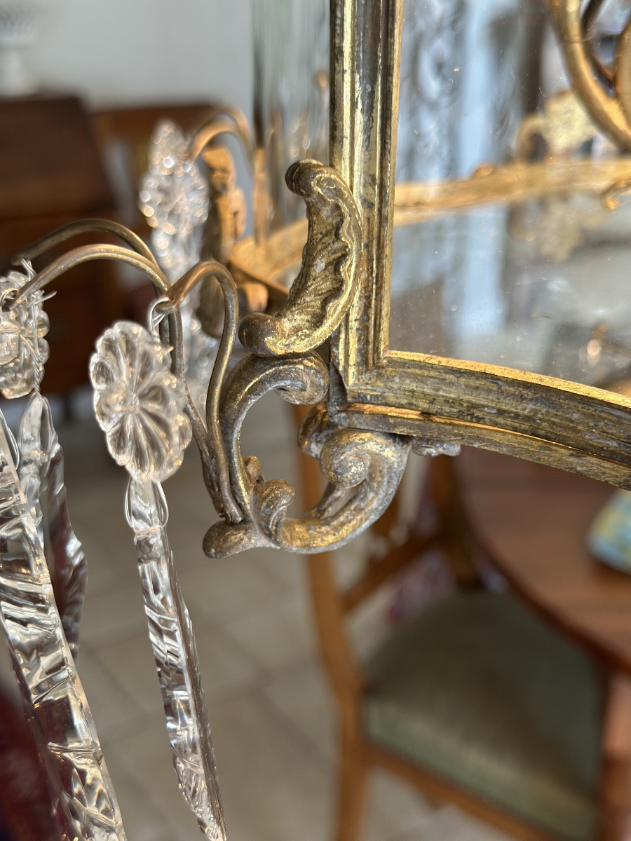 Grande lanterne de vestibule en bronze doré et plaquettes de cristal-photo-8