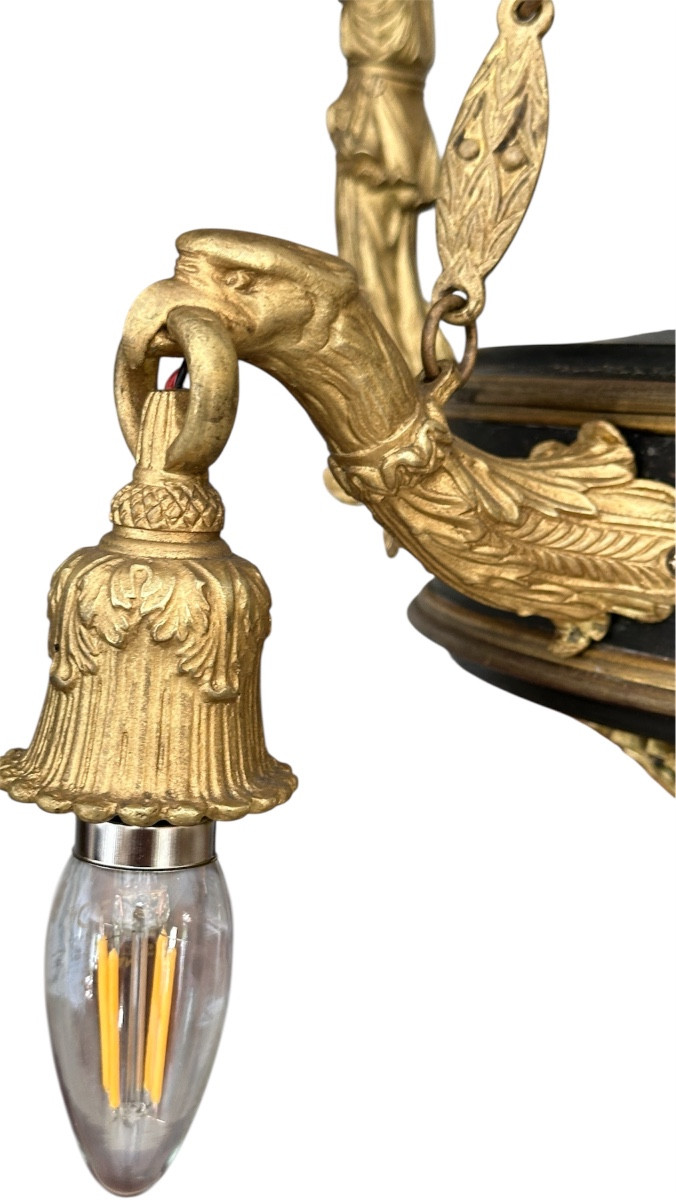Beau lustre Empire aux Cariatides en bronze doré et tôle patiné-photo-3