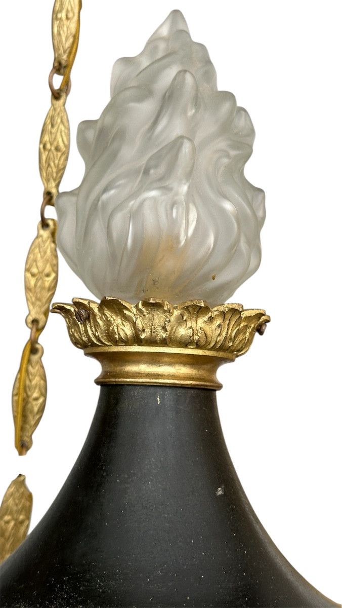 Beau lustre Empire aux Cariatides en bronze doré et tôle patiné-photo-1