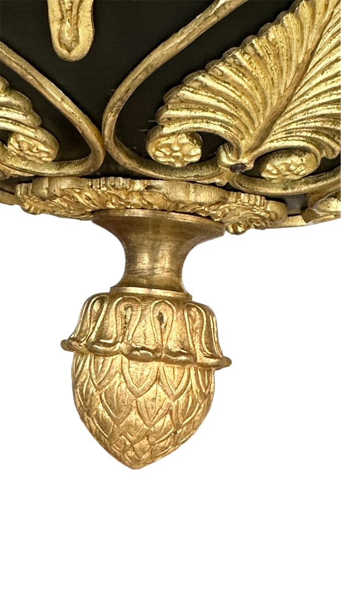 Beau lustre Empire aux Cariatides en bronze doré et tôle patiné-photo-2