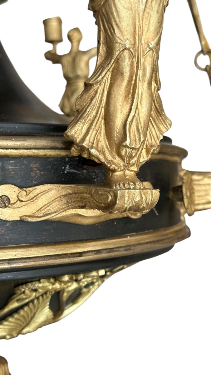 Beau lustre Empire aux Cariatides en bronze doré et tôle patiné-photo-3