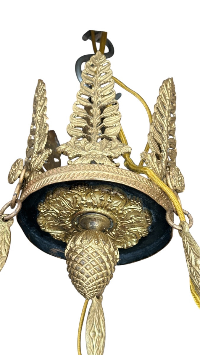 Beau lustre Empire aux Cariatides en bronze doré et tôle patiné-photo-4
