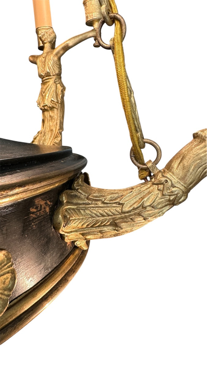 Beau lustre Empire aux Cariatides en bronze doré et tôle patiné-photo-7
