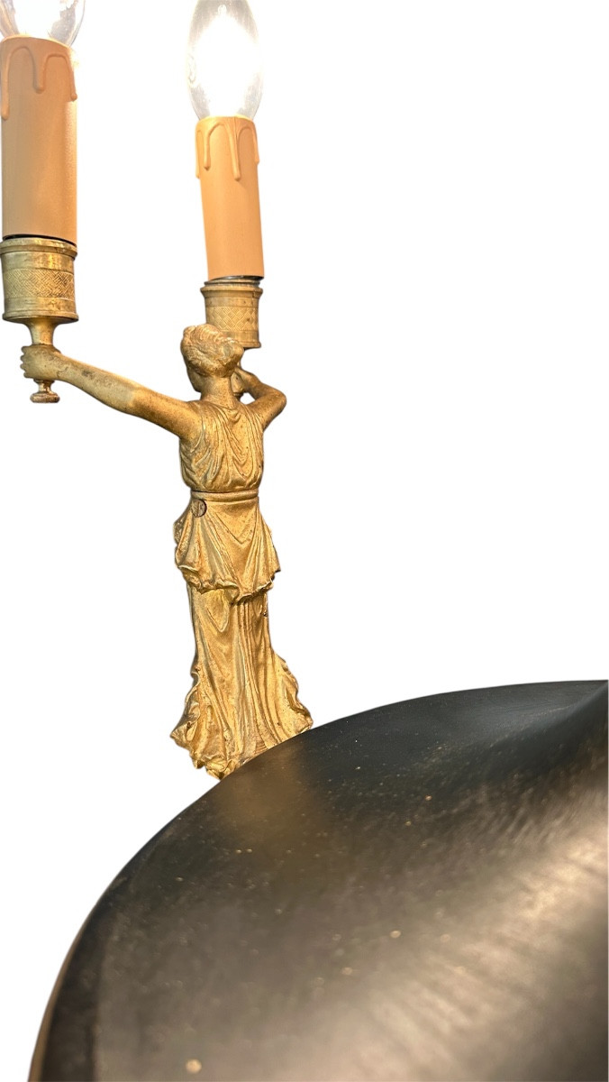 Beau lustre Empire aux Cariatides en bronze doré et tôle patiné-photo-8