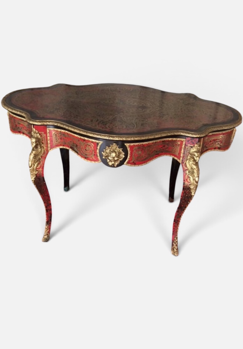 Violin-shaped Table With Boulle Marquetry Made Of Red Tortoiseshell And Brass. Napoleon III Period.