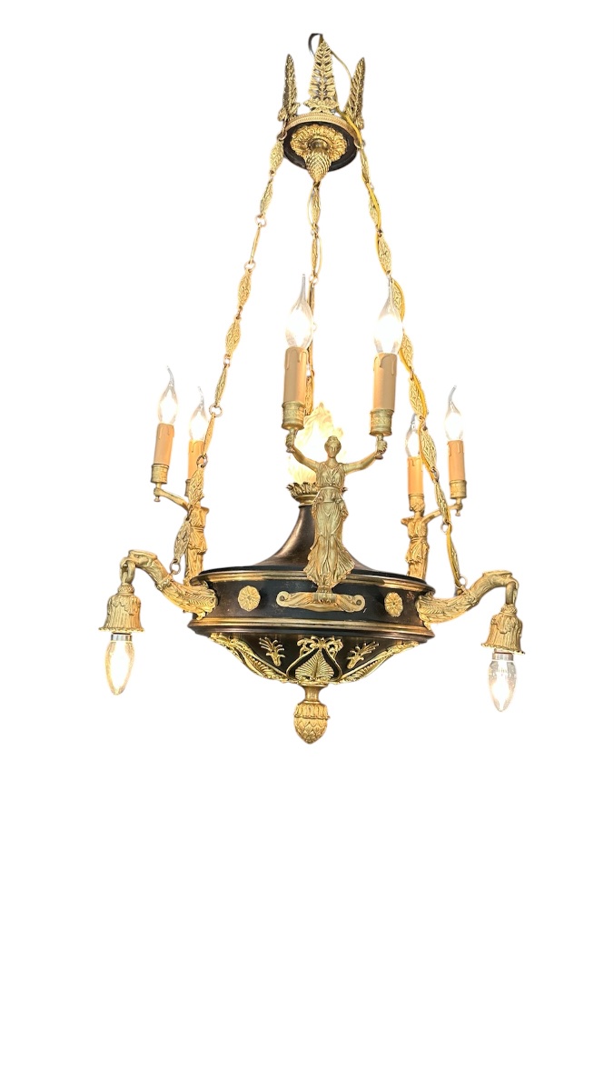 Ten-light Empire-style Chandelier In Gilded Bronze And Patinated Sheet Metal -photo-6