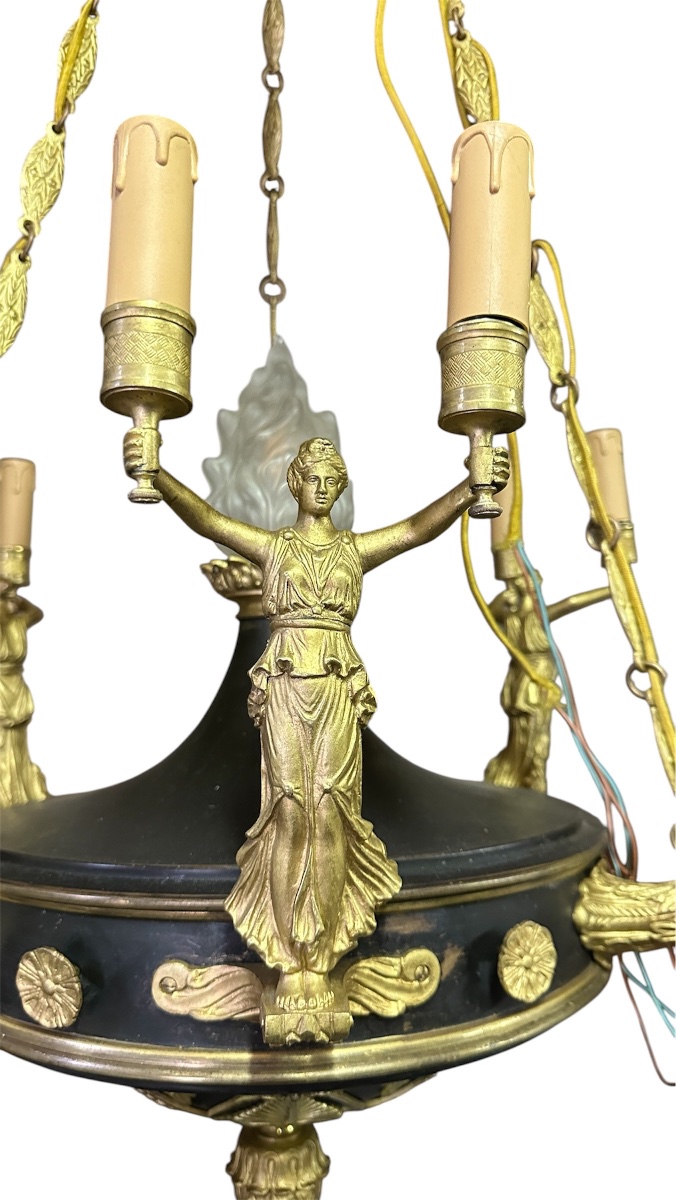 Ten-light Empire-style Chandelier In Gilded Bronze And Patinated Sheet Metal 