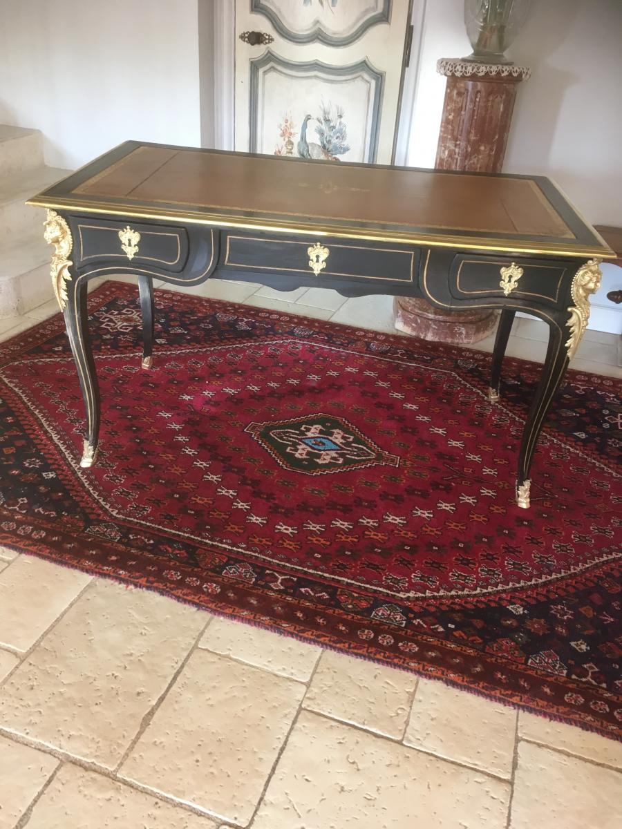 Bureau Plat Noir De Style Louis XV Bronzes à l'Espagnolette 