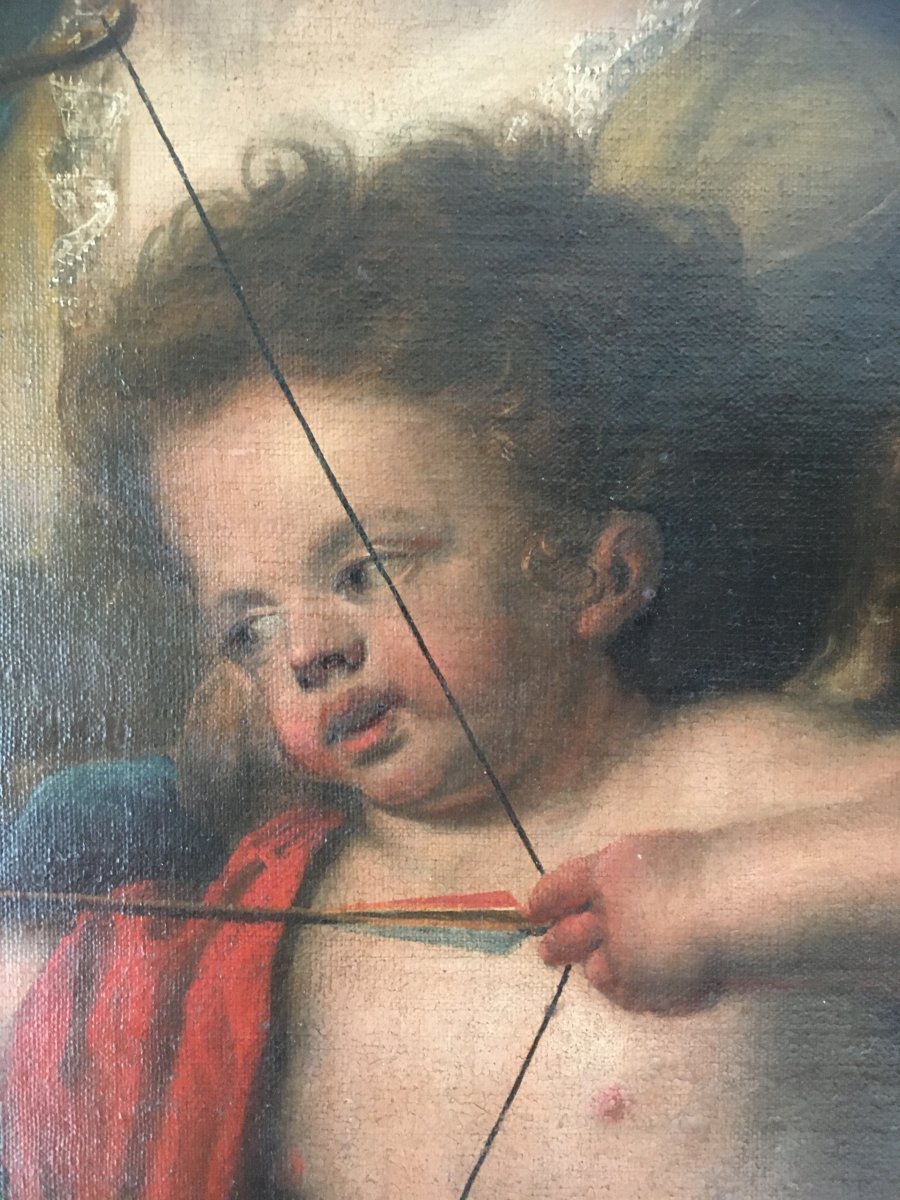 Grand Tableau Huile Sur Toile : Psyché Et Cupidon XVIIIè Siècle-photo-3