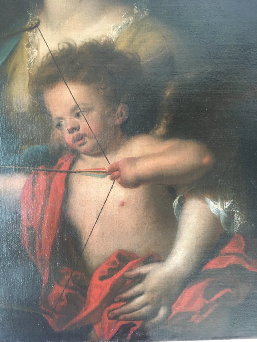 Grand Tableau Huile Sur Toile : Psyché Et Cupidon XVIIIè Siècle-photo-4