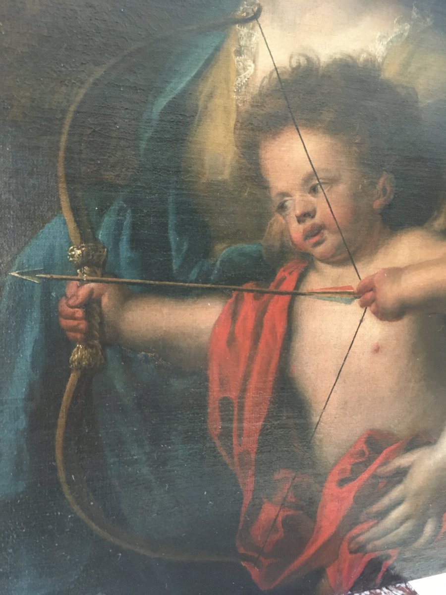 Grand Tableau Huile Sur Toile : Psyché Et Cupidon XVIIIè Siècle-photo-1