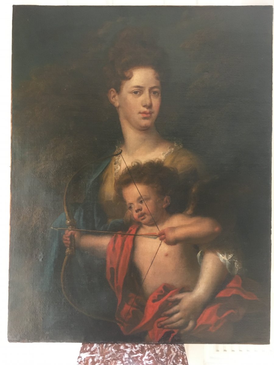 Grand Tableau Huile Sur Toile : Psyché Et Cupidon XVIIIè Siècle